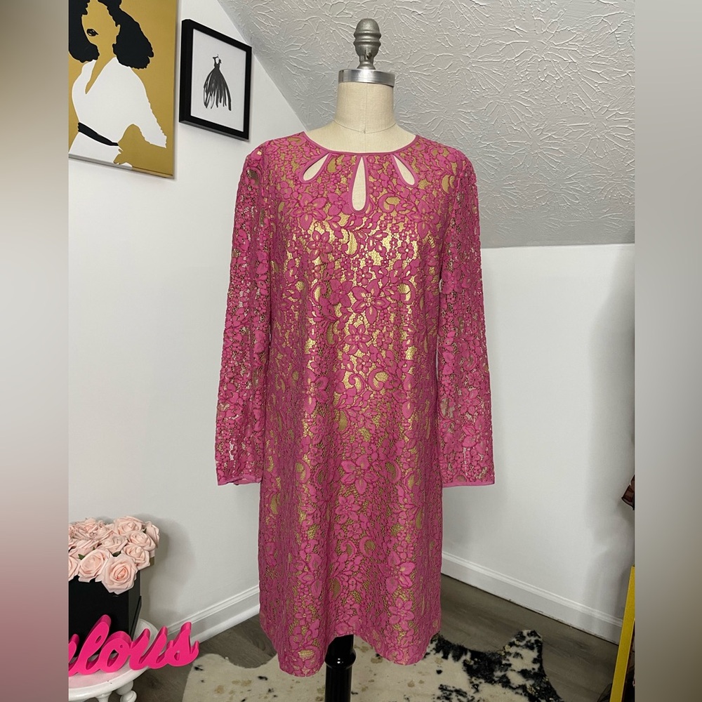Juicy Couture Pink and Gold Lace Shift Dress - Size 8